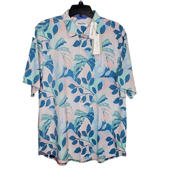 Tommy Bahama Men's XL Seersucker Nova Wave Beach Day Blooms Camp Shirt Pink Pool - Picture 2 of 9